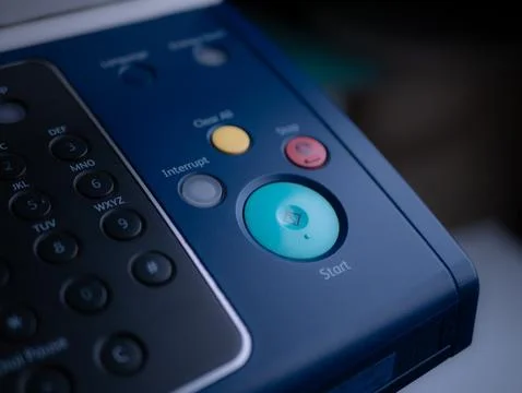 Close up start button on panel to using the Office professional multi-funct.. Stock Photos
