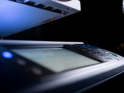 Close up start button on panel to using the Office professional multi-funct.. Stock Photos
