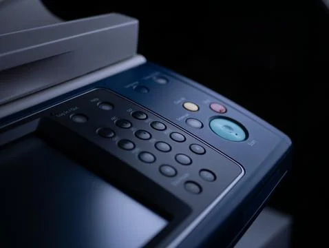 Close up start button on panel to using the Office professional multi-funct.. Stock Photos