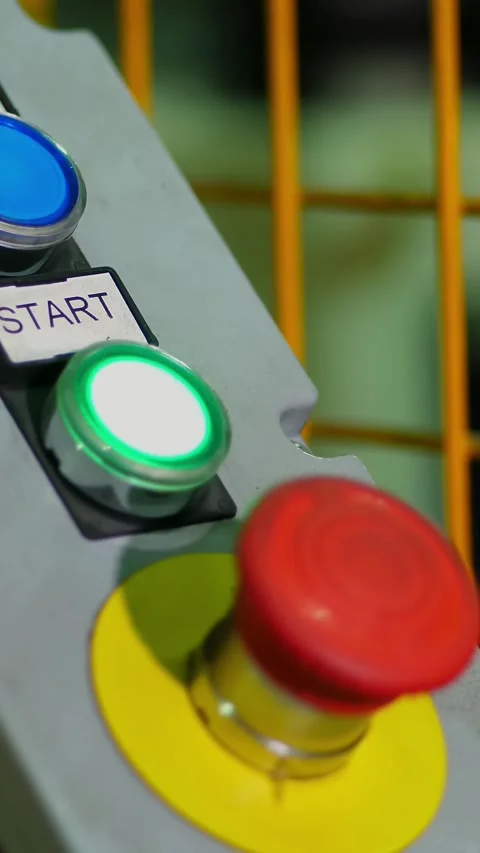 Close-up, Start or stop red button for industrial machine, Emergency Stop for Stock Footage 320776821