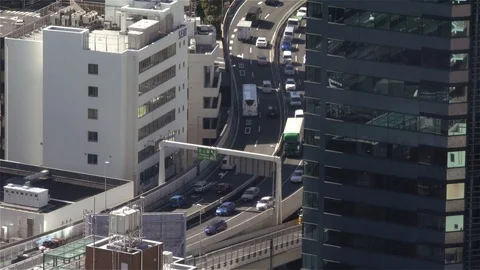 Close up static shot of a busy freeway in central Tokyo Stock Footage 87341695