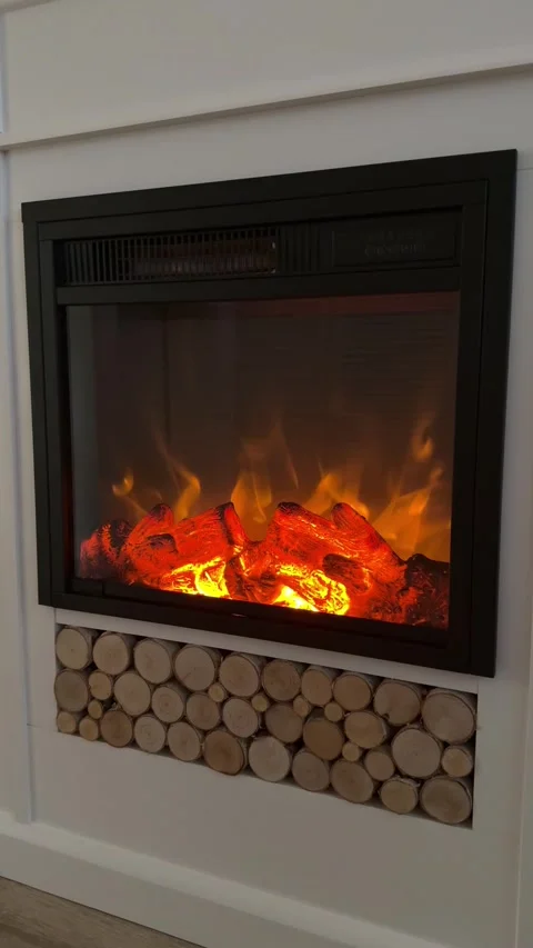 Close up static shot of glowing electric fireplace flames with birch wood slices Stock Footage 346084625