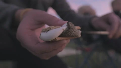 Close up static shot of marshmallow on smore. Shallow focus Stock Footage 142833373