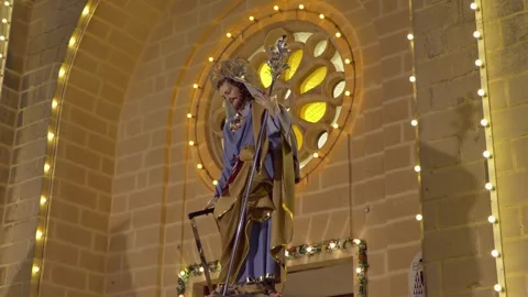 Close up of a statue displays a religious man at the entrance of Marsaskala Stock Footage 308228281