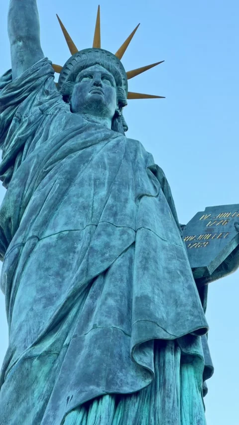 Close up of Statue of Liberty replica in Paris, France. Low angle pov, Vertical Stock Footage 336900331