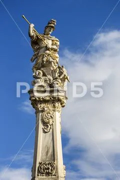 Close-up of the statue of Saint George slaying a dragon with a spear on top of S Stock Photos
