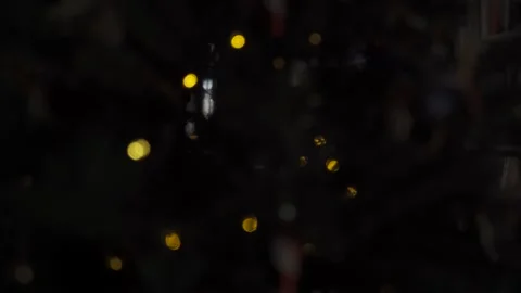 Close up steady shot of blurred out Christmas tree and lights that create bokeh Stock Footage 257655978