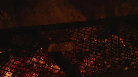 Close up of steak being placed on a flaming BBQ grill Stock Footage 135821067