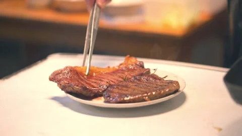 A close up steak pork chop on pan  slow and fresh cooking Stock Footage 143624153