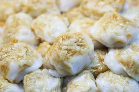 Close up of Steamed dumpling stuffed with garlic chives, Taro, yam and bamboo Stock Photos