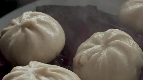 Close-up of steamed dumplings on red cabbage leaf with rising steam, macro food Stock Footage 333638828