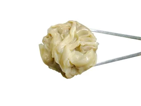 Close-Up Of Steamed Wonton Dumpling Held With Chopsticks On White Background Stock Photos