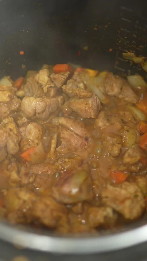 Close-up of steaming chicken stew with carrots and onions in pot Stock Footage 331244146