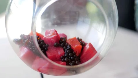 Close-up of a steaming dish on the table in an elite restaurant. Molecular Video stock 156441103