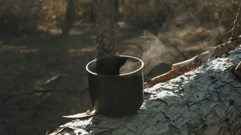 Close-up steaming hot coffee or tea cup on saucer, slow motion. Stock Footage 146791195