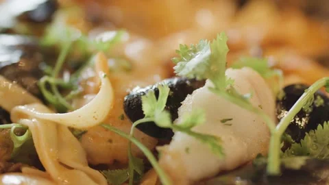 Close-Up of Steaming Seafood Chowder with Fresh Herbs Stock Footage 315083026