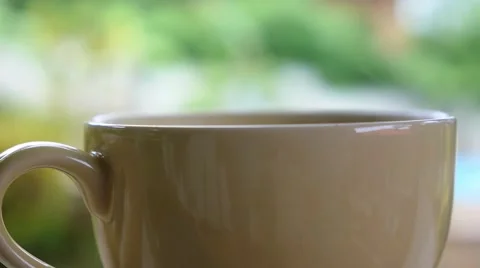 Close up of Steaming Tea Cup on the Blurred Green. Stock Footage 44190367