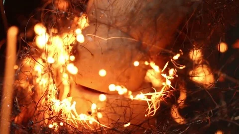 Close-Up of Steel Wool Fire Around Wood MAC Stock Footage 74726606