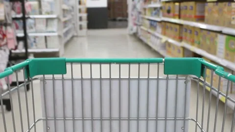Close-up of steering shopping trolley while moving in the mall. Video stock 114262288