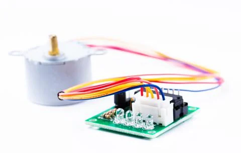 Close-up of stepper motor and controller for arduino isolated on white Stock Photos