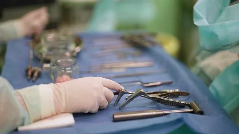 Close-up of sterile surgical instruments for laparoscopic surgery. Action Video stock 172465029