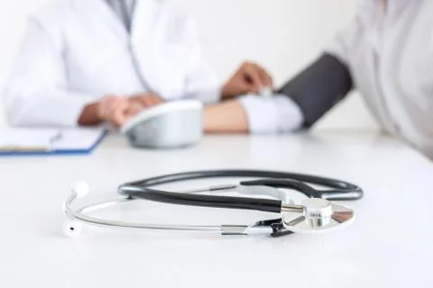 Close up of stethoscope, Image of Doctor using stethoscope checking measuring Stock Photos