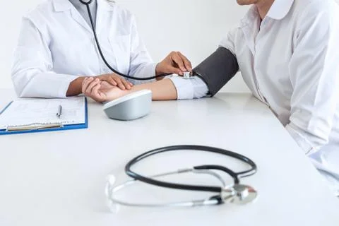 Close up of stethoscope, Image of Doctor using stethoscope checking measuring Stock Photos
