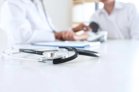 Close up of stethoscope, Image of Doctor using stethoscope checking measuring Stock Photos