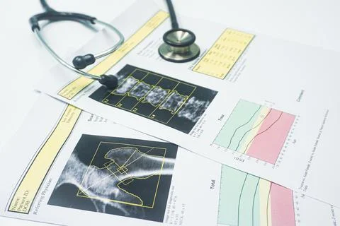 Close up stethoscope  Put on a bone Density hip and spine report.too soft and Stock Photos