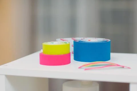 Close-up sticks tape patch for face taping against aging. Facelift with kinezio. Fotos de archivo