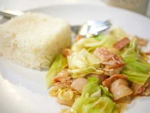 Close up stir fired cabbage and bacon with jasmine rice on white plate Stock Photos