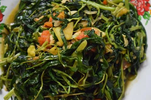 Close-up stir-fried spinach on white plate isolated white background Stock Photos
