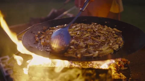 Close-up of Stirring Food on Flat Pan Over Campfire Stock Footage 339565811