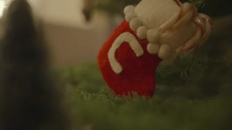 Close-up of stocking with candy canes on Christmas tree 库存影片 334031078