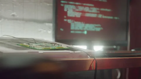 Close up of Stolen Data Scrolling Across Computer Screen on Basement Desk Stock Footage 211881480