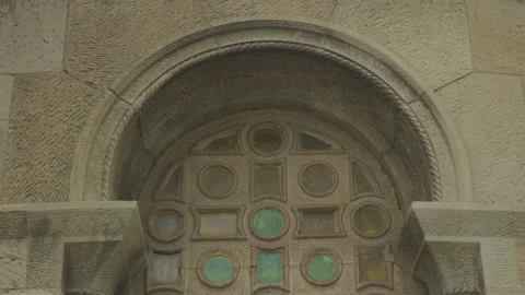 Close Up Stone Arch and Ornate Window of Iglesia San Pedro in Gijon, Asturias Stock Footage 337520351