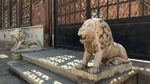 Close Up of Stone Lion Statues Guarding Muhammad Ali Mosque Entrance at Citadel Stock-Footage 333463852