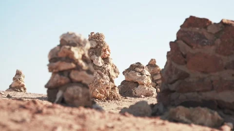 Close up stone piles in the desert. Rock stacks in national park Stock Footage 253608812