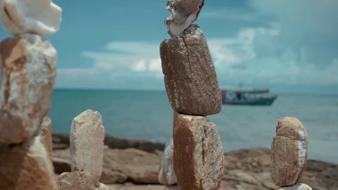 Close up of stone pyramid on the beach in Ko Samed Thailand Stock-Footage 75538872