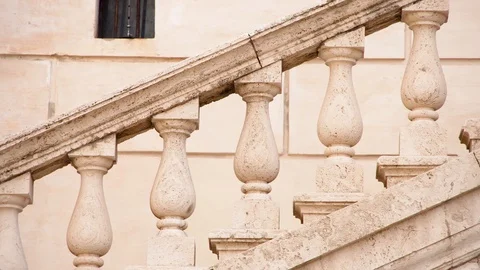 Close up of stone staircase railing in form of columns in Rome. Antique style Video stock 126118445