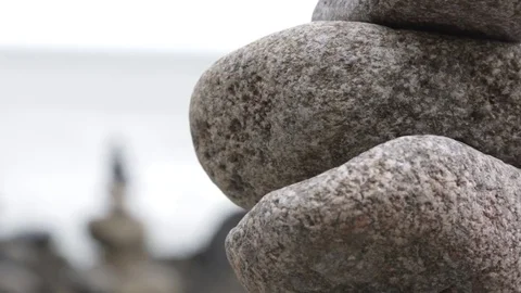 Close up of stone towers on beach Video stock 71231492