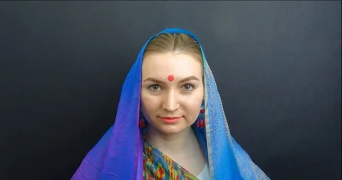 Close-up stop motion portrait of the beautiful woman with sari. Looped Stock Footage 93053271