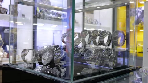 Close-up store displaying luxury watch brands and models. Mechanical watches Stock Footage 279023412