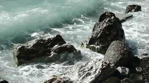 Close-Up of Storm Surf With Black Rocks. 4k Video stock 61329293