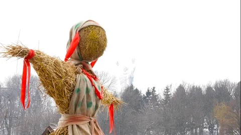 Close-Up Straw Effigy Of Dummy Of Maslenitsa, Symbol Of Winter And Death In Stock Footage 86262561