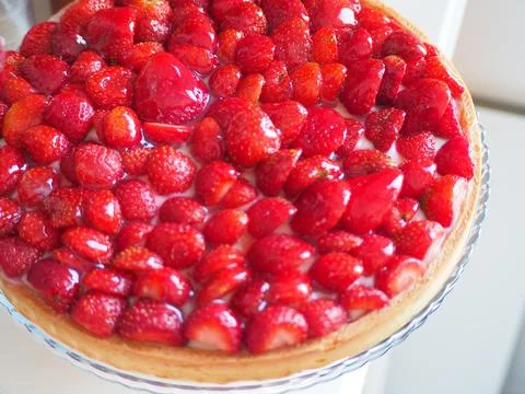 Close up of strawberry cake on white table Stock Photos