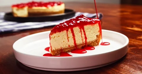 Close-up of strawberry jam being poured over a creamy cheesecake slice, with 스톡 동영상 346561285