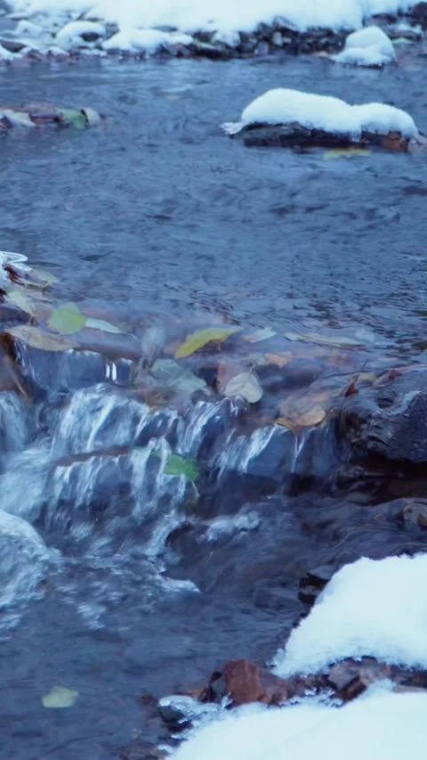 Close-up of a stream of water flowing from a mountain river. Winter. Stock Footage 267647121