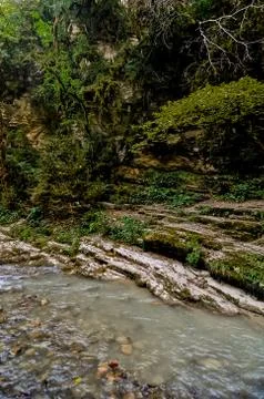 Close-up streams of water between mountain stones. Beautiful mountain river s Stock Photos