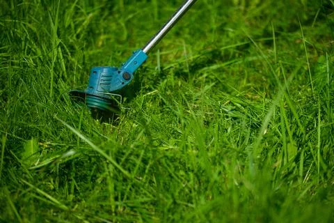 Close-up string trimmer head cutting lush green grass. Concept of professional 스톡 사진